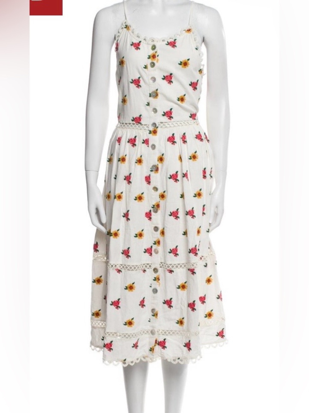FARM Rio  linen embroidered White Midi Dress with Pink & Yellow Floral Print